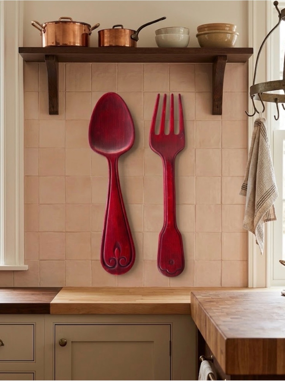 Large Red Wooden Spoon & Fork Wall Decor - Kitchen Accent